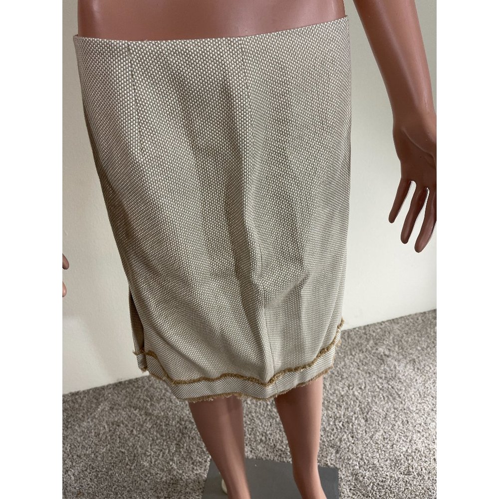 Magaschoni Beige Skirt Suit Brown Frill Lining at Bottom with White Woven Size 6